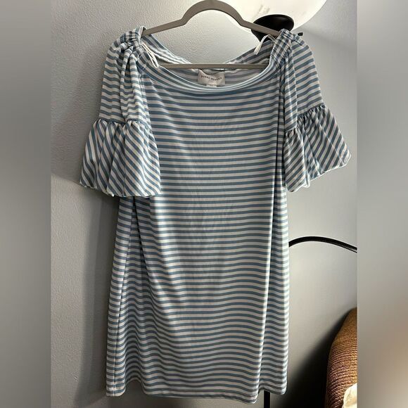 Donna Morgan Puffy Sleeve Baby Blue and White Striped Dress Size Small - Picture 3 of 5